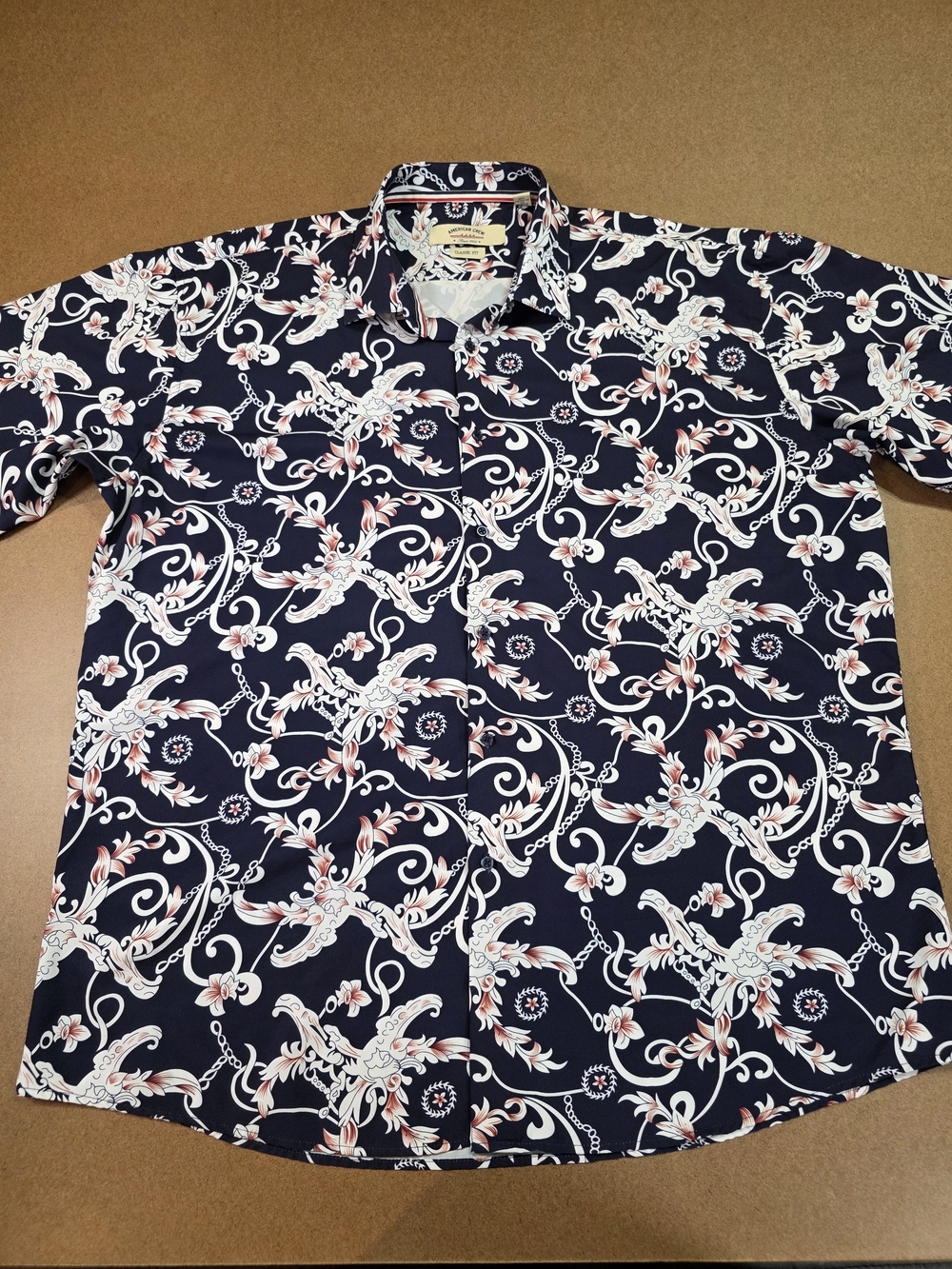 American Crew Men's Navy Floral Scroll Short-Sleeve Button-Down Shirt Size XL